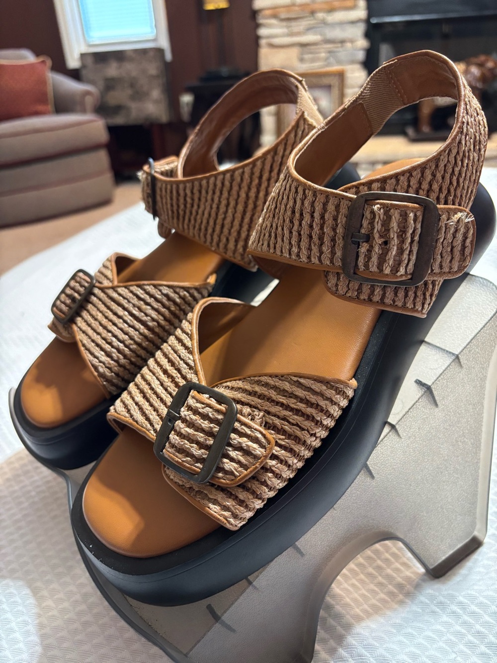 Free People Mandi Weave Buckle Tan Woven Platform Sandals with Black Sole